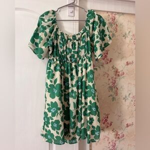 Peach Love California Cream Dress with Green Floral Print